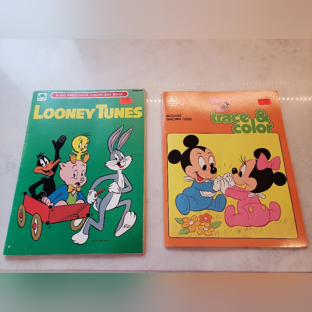 2 Vintage Disney Colouring/Dot Books: Looney Toones and Disney Babies